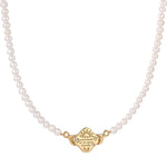 Pearl necklace with a gold clasp on a white background